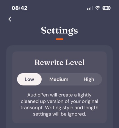 Screenshot of AudioPen settings