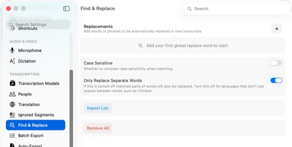Screenshot of Find and Replace feature in MacWhisper