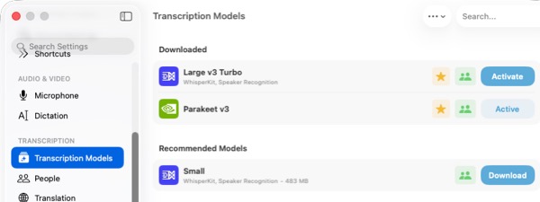 Screenshot of Transcription Model settings in MacWhisper