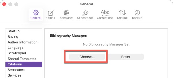 Screenshot of Bibliography Manage settings in Scrivener
