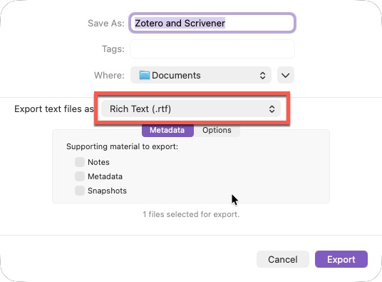 Screenshot of the export feature in Scrivener