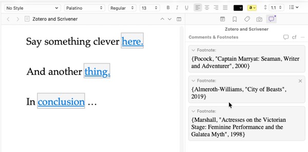 Screenshot of footnotes in Scrivener