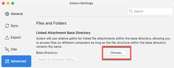 Screenshot of Zotero base directory settings
