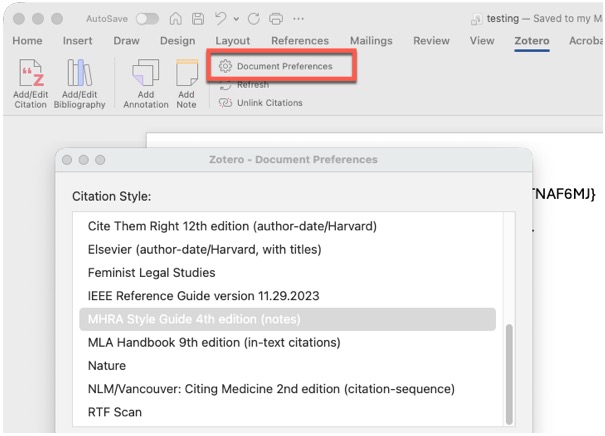 Screenshot of Zotero document preferences