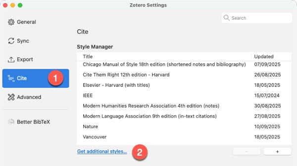 Screenshot of Zotero Style Manager