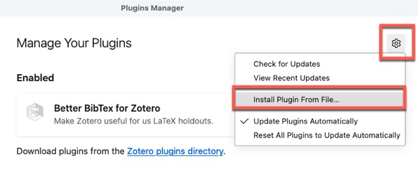 Screenshot of installing plugin in Zotero