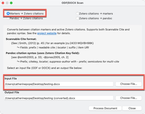 Screenshot of Zotero ODF/DOCX Scan