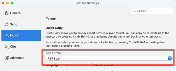 Screenshot of Quick Copy settings in Zotero