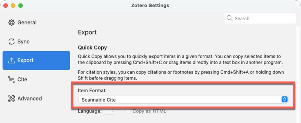 Screenshot of Zotero export settings