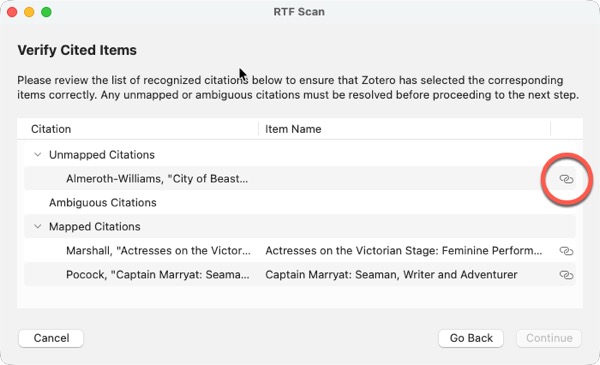 Screenshot of citation mapping in Zotero